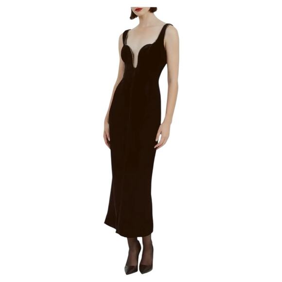 Bardot Black Velvet Rhinestone Trim Dress Plunging Neckline Sz 6 Sexy Cocktail - Picture 5 of 9
